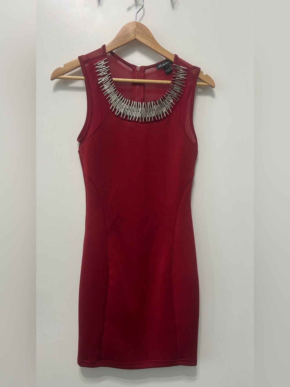 Seductions Red Bodycon Dress with Metallic Beaded Neckline